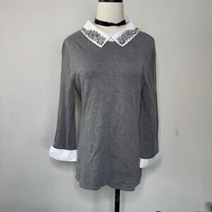 Vintage Y2K Gray Collared Sweater Embellished Mesh Top Whimsigoth Academia L